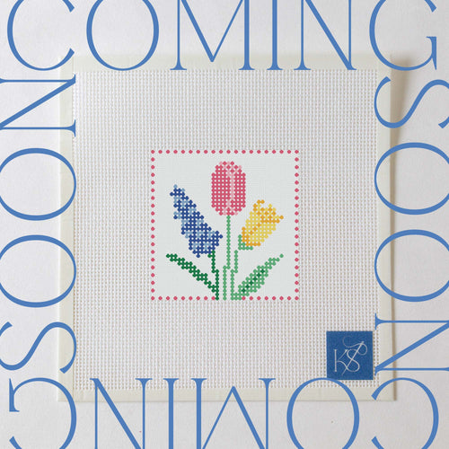 Coming soon preview of the Spring Bouquet beginner needlepoint kit with colorful flowers on 13 mesh canvas